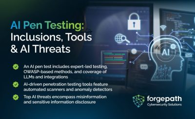 An infographic highlighting what’s included in AI pen testing, the tools used, and the top AI threats